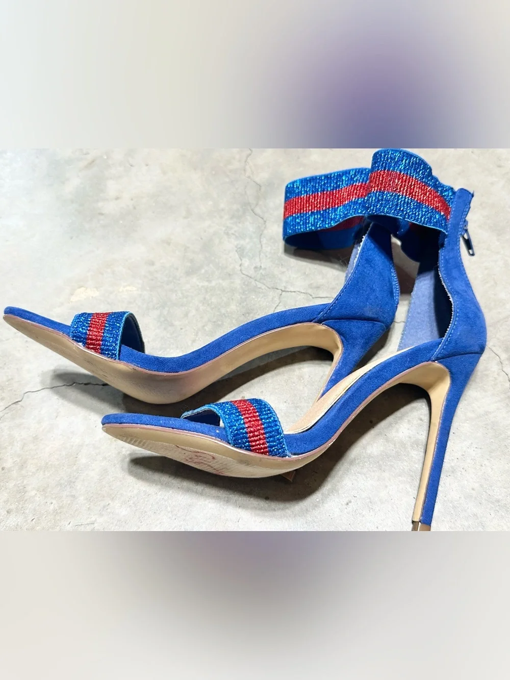 Liliana Blue Suede Stiletto Sandals with Red Striped Accents-7